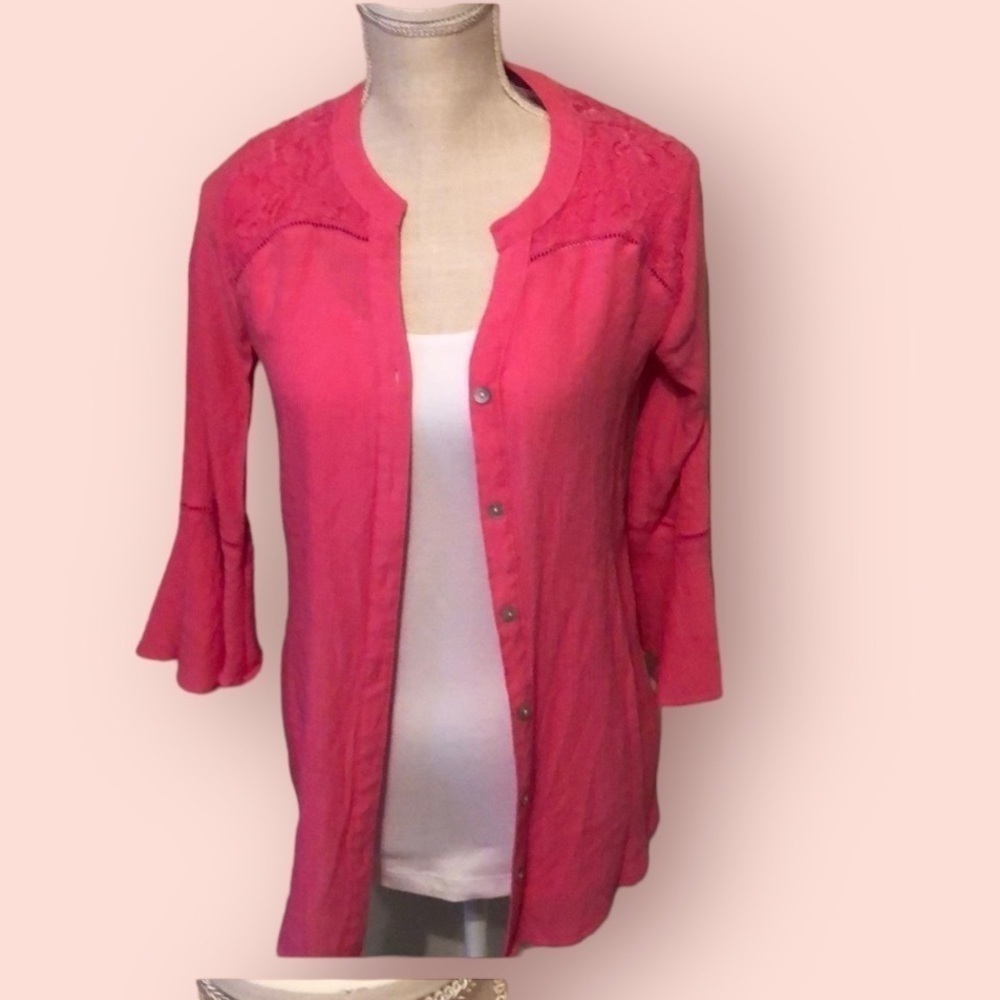 Kim Rogers blouse, crochet trim, coral. Sm